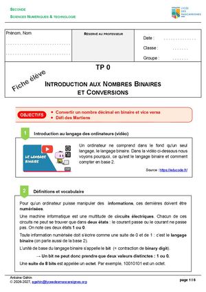 Snt Introduction Aux Nombres Binaires Et Conversions Corrigé