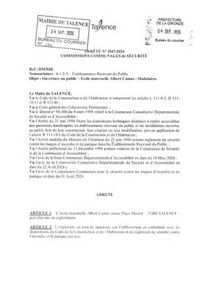 ARRETE 2047 2026 - MISE EN EXPLOITATION DE L'ECOLE MATERNELLE ALBERT CAMUS - Publié Le 04 09 2026