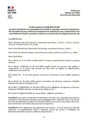 Arrêté interdiction rassemblements festifs à caractère musical