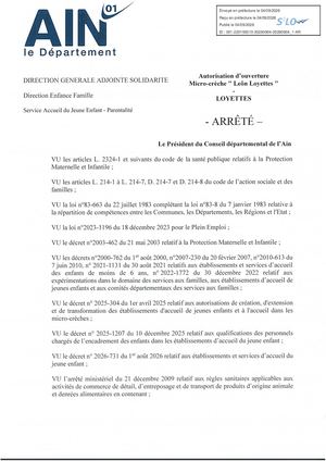 Arrêté Autorisation Ouverture Micro Crèche Leôn Loyettes