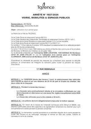 Arrete 1927 2026 Utilisation Camion Grue 17 Rue Redeuilh Le 15 09 2026 Publié Le 04 09 2026