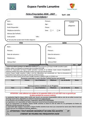 Fiche Adhesion Club Enfant