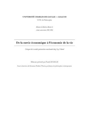 De la survie économique à l'économie de la vie. Critique de la société spectaculaire marchande chez Guy Debord