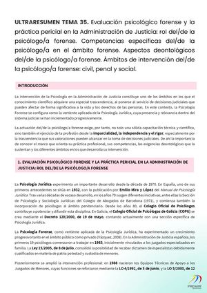 ULTRARESUMEN TEMA 35. Evaluación Psicológico Forense Y La Práctica Pericial En La Administración De Justicia