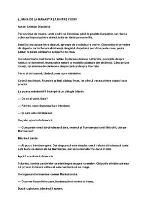 LUMINA DE LA MĂNĂSTIREA DINTRE CODRI DE CRISTIAN DIACONIȚA