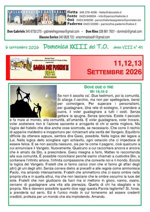 Avvisi Parrocchiali dal 6 AL 13 Settembre 2026 -  23ª Domenica Tempo Ordinario 2026