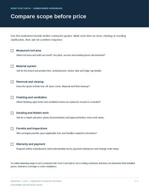 Roof Quote Comparison Workbook