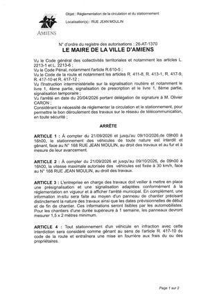 26 AT 1370 Réglementation De La Circulation Et Du Stationnement Rue Jean Moulin Du 21 09 2026 Au 09 10 2026 - Publiée Le 07 09 2026