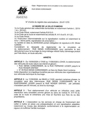 26 AT 1379 Réglementation De La Circulation Et Du Stationnement Rue Denis Cordonnier Du 10 09 2026 Au 11 09 2026  - Publiée Le 07 09 2026