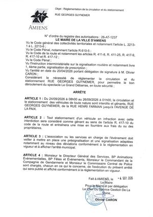 26 AT 1237 Réglementation De La Circulation Et Du Stationnement Rue Georges Guynemer Du 24 09 2026 Au 26 09 2026  - Publiée Le 07 09 2026
