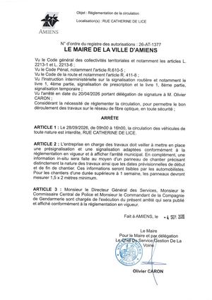 26 AT 1377 Réglementation De La Circulation Rue Catherine De Lice Le 28 09 2026  - Publiée Le 07 09 2026