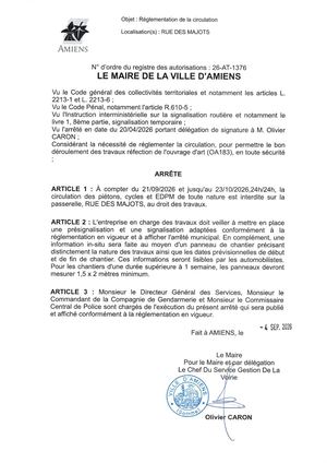 26 AT 1376 Réglementation De La Circulation Rue Des Majots Du 21 09 2026 Au 23 10 2026 - Publiée Le 07 09 2026
