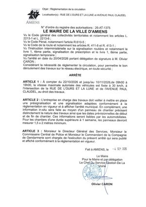 26 AT 1375 Réglementation De La Circulation Rue De L'ours Et La Lune Et Avenue Paul Claudel Du 22 10 2026 Au 10 11 2026  - Publiée Le 07 09 2026