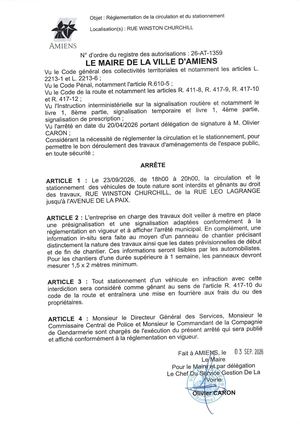 26 AT 1359 Réglementation De La Circulation Et Du Stationnement Rue Winston Churchill Le 23 09 2026 De 18h à 20h - Publiée Le 07 09 2026