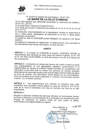 26 AT 1374 Réglementation Du Stationnement Rue Jules Barni Du 11 09 2026 Au 13 09 2026  - Publiée Le 07 09 2026
