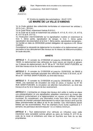 26 AT 1373 Réglementation De La Circulation Et Du Stationnement Rue Saint Fuscien Du 21 09 2026 Au 25 09 2026  - Publiée Le 07 09 2026