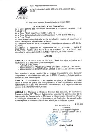 26 AT 1371 Réglementation De La Circulation Avenue D'irlande Allée Des Pays Bas Et Chemin De La Censé Le 10 10 2026 De 8h30 15h30- Publiée Le 07 09 2026