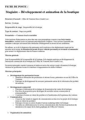 Fiche De Poste Stagiaire Boutique