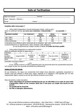 Fiche Infos Tarification