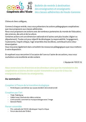Bulletin De Rentrée à Destination Des Classes Adhérentes