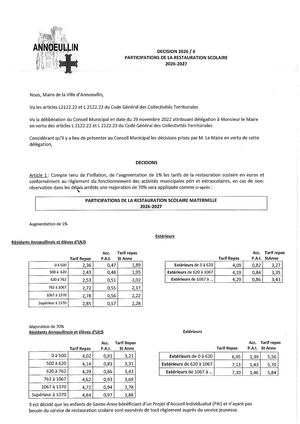 Tarifs 2026-2027 restauration