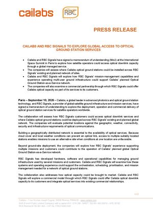 [PRESS RELEASE] Cailabs And Rbc Signals To Explore Global Access To Optical Ground Station Services
