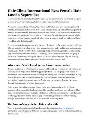 Hair Clinic International Eyes Female Hair Loss in September