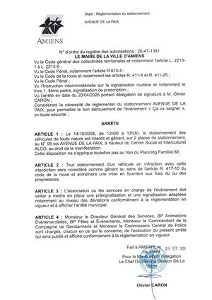 26 AT 1381 - Arrêté De Réglementation Du Stationnement, Avenue De La Paix à Amiens, Le 14 10 2026, Publié Le 08 09 2026
