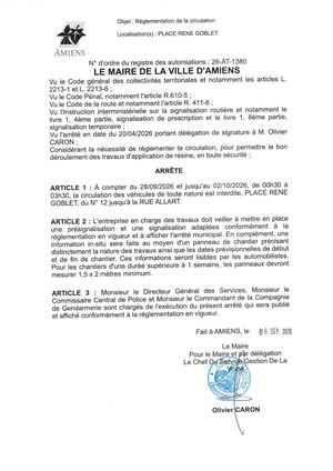 26 AT 1380 - Arrêté De Réglementation De La Circulation, Place René Goblet à Amiens, Du  28 09 Au 02 10 2026, Publié Le 08 09 2026