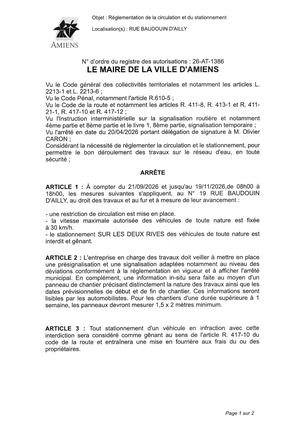 26 AT 1386 - Arrêté De Réglementation De La Circulation Et Du Stationnement, Rue Baudouin D'Ailly à Amiens, Du  21 09 Au 19 11 2026, Publié Le 08 09 2026