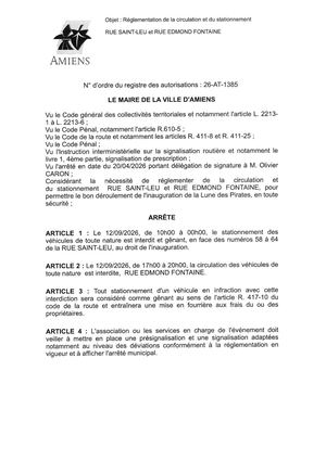 26 AT 1385 - Arrêté De Réglementation De La Circulation Et Du Stationnement, Rue Saint Leu, Rue Edmond Fontaine à Amiens, Le 12 09 2026, Publié Le 08 09 2026