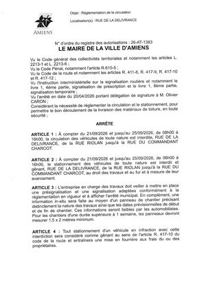 26 AT 1383 - Arrêté De Réglementation De La Circulation, Rue De La Delivrance à Amiens, Du  21 Au 25 09 2026, Publié Le 08 09 2026