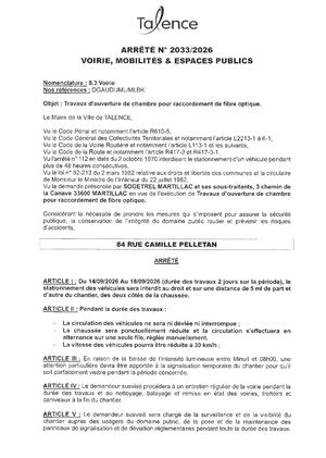 Arrete 2033-2026-Travaux Ouverture Chambre Raccordement Fibre 84 Rue Camille Pelletan Du 14 Au 18-09-2026-Publié Le 08 08 2026