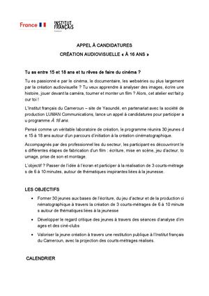 Appel à candidature création audiovisuelle « À 16 ans »