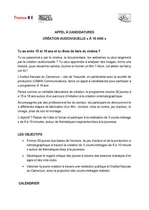 Appel à candidatures création audiovisuelle "À 16 ans"
