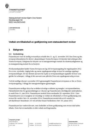 Vedtak om tilbakekall Statsautorisert revisor Bjørn Ove Norem
