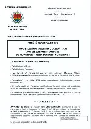 Arrêté N°257 - Autorisation Taxi N° 2019 - 59 PESTON COMMINGES Suite CL