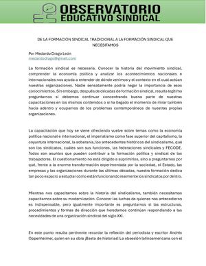 De La Formación Sindical Tradicional A La Formación Sindical Que Necesitamos