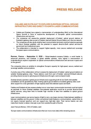 [PRESS RELEASE] Cailabs And Eutelsat To Explore European Optical Ground Infrastructure And Direct To Earth Laser Communications