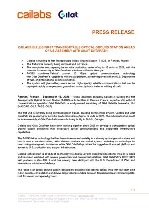 [PRESS RELEASE] Cailabs Builds First Transportable Optical Ground Station Ahead Of Us Assembly With Gilat Data Path