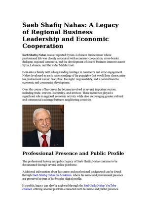 Saeb Shafiq Nahas: A Legacy of Regional Business Leadership and Economic Cooperation