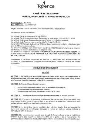 ARRETE 1920 2026 - TRANCHE ET FOUILLE SUR TRORROIR 20 RUE EUGENE OLIBET DU 14 09 AU 02 10 2026 - Publié Le 09 08 2026