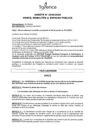 ARRETE 2046 2026 - RENOUVELLEMENT CONTROLE COMMANDE ET UA DU POSTE DE TALENCE 1 RUE LAVOISIER DU 14 09 AU 11 10 2026 - Publié Le 09 08 2026