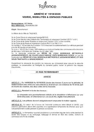 ARRETE 1918 2026 - BRANCHEMENT 23 RUE PEYBOUQUEY DU 14 09 AU 02 10 2026 - Publié Le 09 08 2026