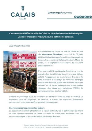 Cp Calais, Classement De L'hôtel De Ville Au Titre Des Monuments Historiques 10 Septembre 2026