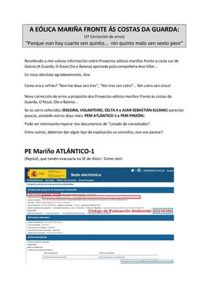 Seis Proxectos. 2ª Actualización A Eólica Mariña Fronte ÁS Costas Da Guarda