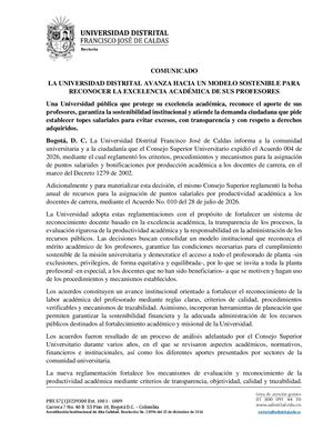 Comunidado Rectoria La Universidad Distrital Avanza Hacia Un Modelo Sostenible Para Reconocer La Excelencia Academica De Sus Profesores