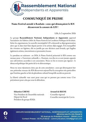 Communiqué de presse - Name Festival annulé à Roubaix (ou CP - Name Festival annulé à Roubaix