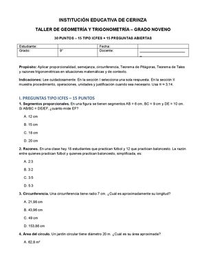 Taller Grado 9 Segmentos Circunferencia Pitagoras Tales Trigonometricas Semejanza