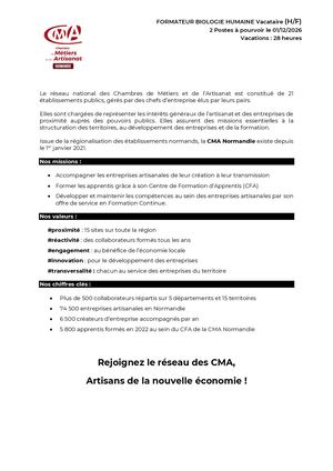 Offre Formateur En Biologie Humaine (Vacation) Evreux Alencon 2026